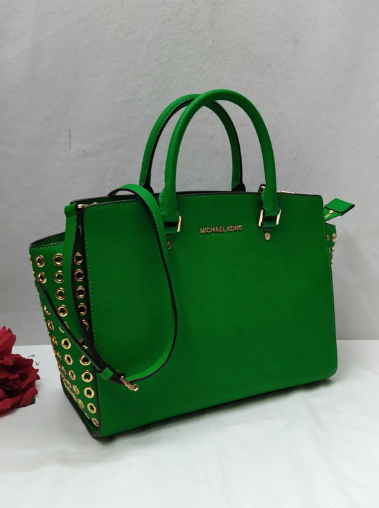Michael Kors Handbags - Michael Kors Green Leather Grommets Double Handles Satchel Bag